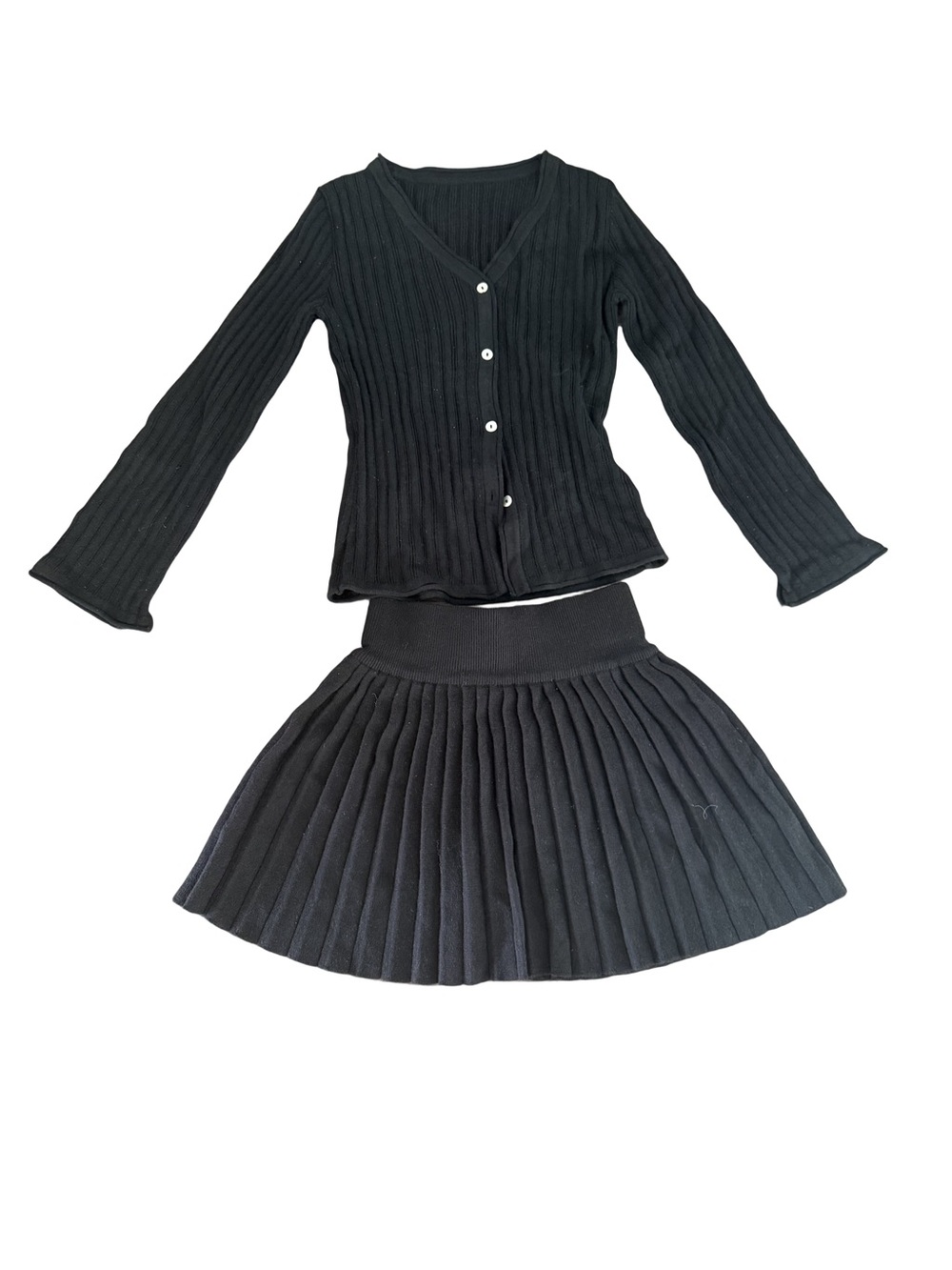 Black Ribbed Button Cardigan and Pleated Skirt Set